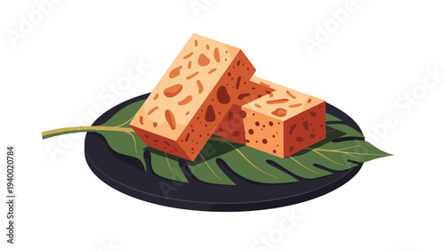 Traditional fermented soy cake known as tempeh served on a green leaf over a black plate for a healthy vegan protein food presentation.