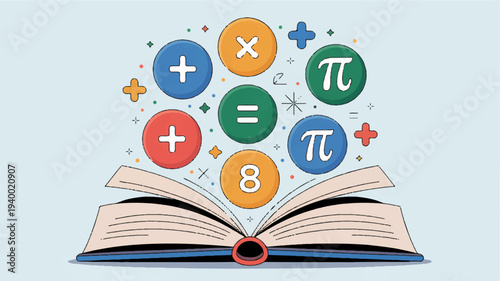 Vector illustration of an open book with mathematical symbols and equations emerging from the pages on a light blue background representing education