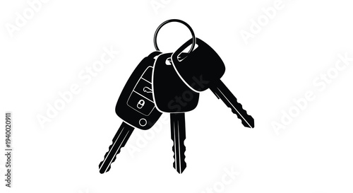 A collection of modern car keys including a key fob is presented in a stark black silhouette