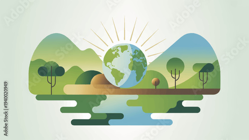 Earth surrounded by lush greenery and water symbolizing eco friendliness and sustainability with sun rays