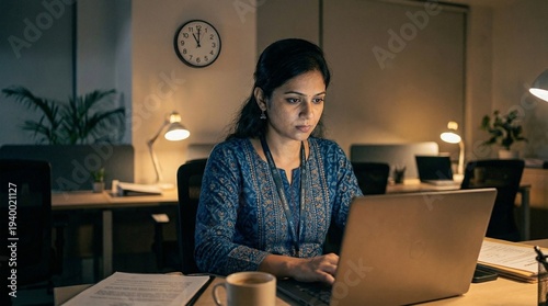 Professional Woman Working Late at Laptop at Night