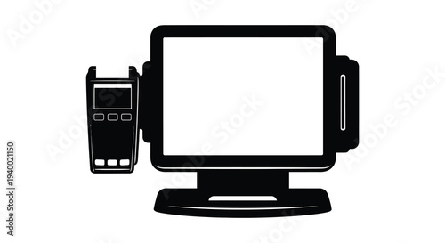 A stark black silhouette depicts a vintage television set paired with a portable handheld device silhouette high quality
