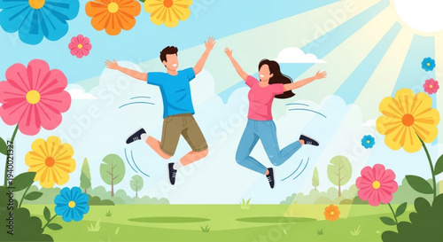 Happy couple jumping in a vibrant flower field on a sunny day with arms outstretched in joy and freedom