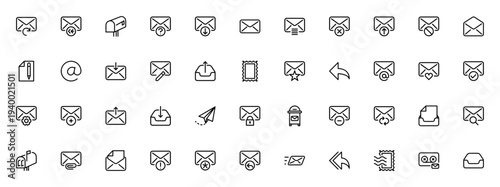 Email icon set. Minimal vector icons pack for communication. Includes symbols for email, inbox, outbox, reply, stamp, mailbox, letter, voice message and more. Editable stroke.