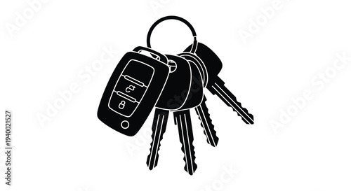 A striking black silhouette depicts a set of car keys with a key fob highlighting modern convenience silhouette