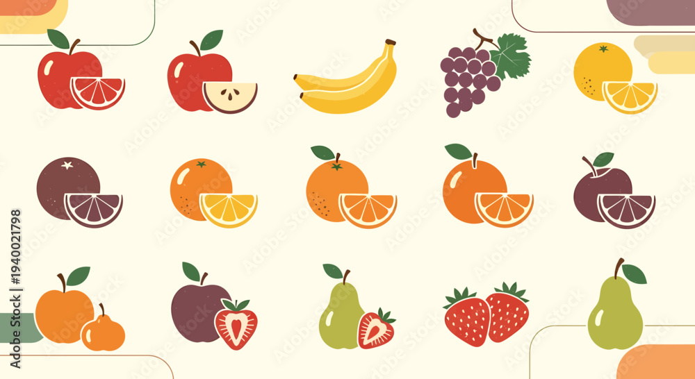 Obraz premium Assorted Fresh Fruits Collection: Apples, Bananas, Grapes, Oranges, Pears, Strawberries
