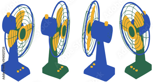 Electric Fan Vector Set Isometric Table Fan Cooling Appliance Illustration