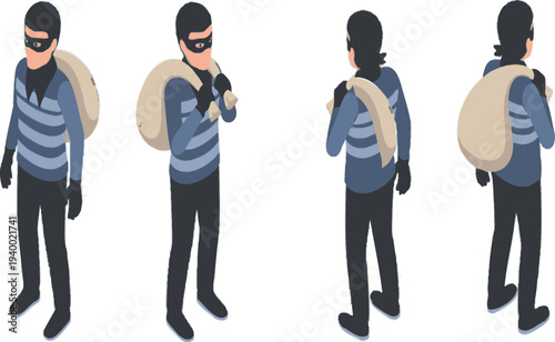 Thief Character Vector Set Robber with Money Bag Isometric Illustration