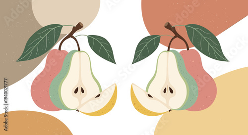 Abstract Pear Illustration: Two Halved Pears with Leaves on a Textured Background