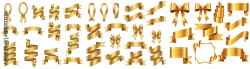 Gold Ribbon Banner Set Vector Luxury Award Label Decorative Bow Collection