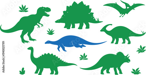 Colorful flat vector dinosaur silhouettes set with t-rex stegosaurus triceratops pterodactyl and plants isolated on white background.