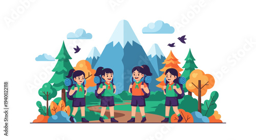 Illustration of four Girl Scouts hiking in a scenic outdoor setting with mountains, trees, and birds, celebrating National Girl Scout Day.
