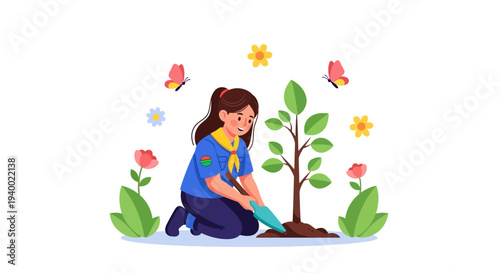 A young girl scout kneeling and watering a small plant with flowers and leaves around her on a National Girl Scout Day event background.
