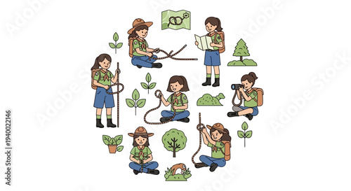 An illustration of a girl scout participating in various outdoor activities on National Girl Scout Day, surrounded by trees and plants, with a mix of green and earthy tones, conveying a