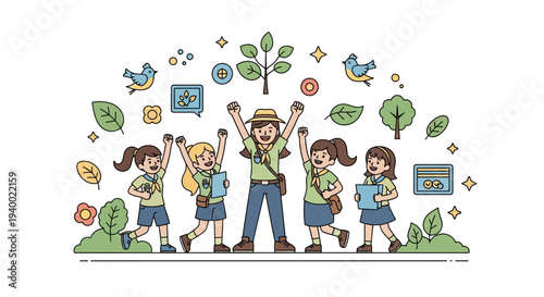 Illustration of a diverse group of Girl Scouts celebrating National Girl Scout Day with eco-friendly icons and symbols surrounding them on a clean white background.