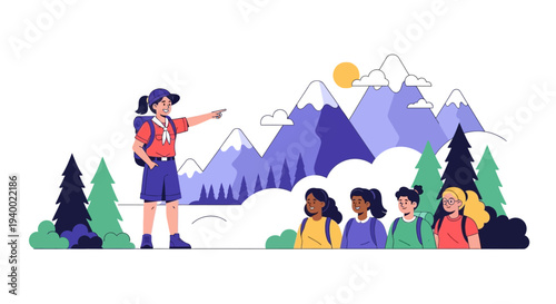 Illustration of a girl scout leader pointing towards mountains with diverse group of scouts in a scenic outdoor setting on National Girl Scout Day.