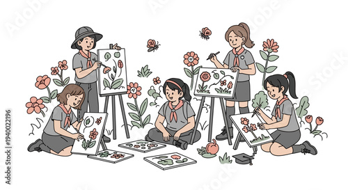 Illustration of girls in scout uniforms painting flowers on canvas in a creative and colorful setting for National Girl Scout Day.