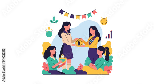 Illustration of a girl scout event with people camping and a national day celebration in a colorful design background.