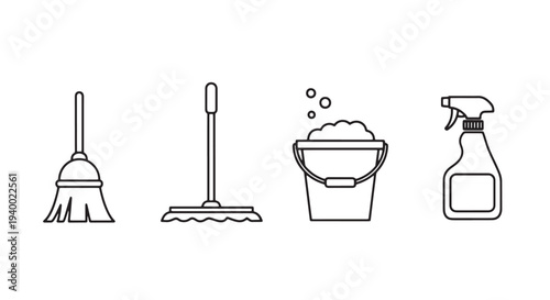 Minimal Single Line Cleaning Icon Pack, 4 Objects Broom Mop Bucket Spray Bottle Continuous Stroke Set
