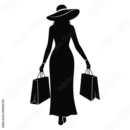 Elegant woman in stylish hat carrying shopping bags