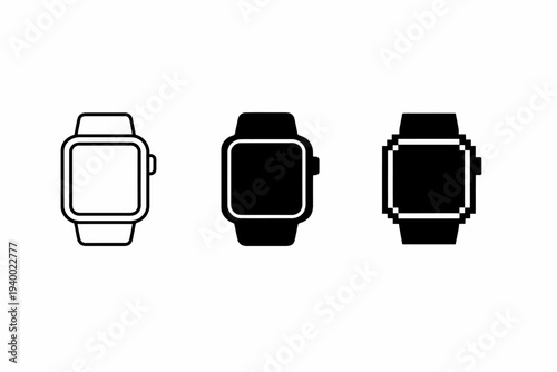 Minimalist smartwatch icons: outline, solid, pixel art styles