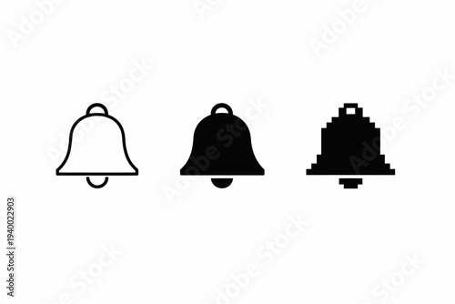 Minimalist bell icons: outline, filled, pixel art variations on white background