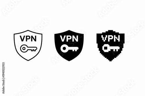 Vpn icons: monochrome and pixelated key shield designs