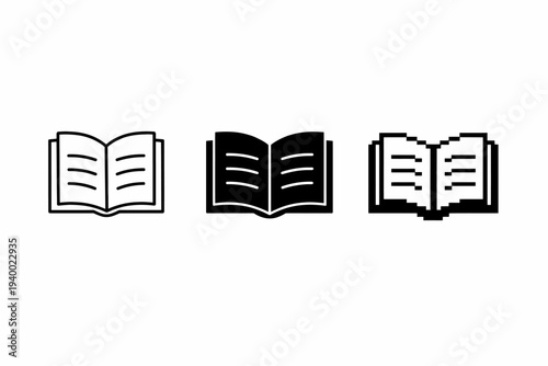 Set of three iconic open book symbols in different styles