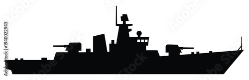 Silhouette of a modern warship with advanced weaponry systems