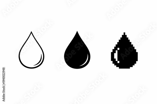 Three stylized waterdrop icons: outline, solid, pixelated