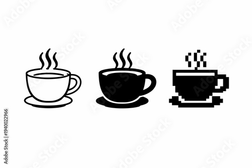 Set of three coffee cup icons: line art, solid, and pixel style variations