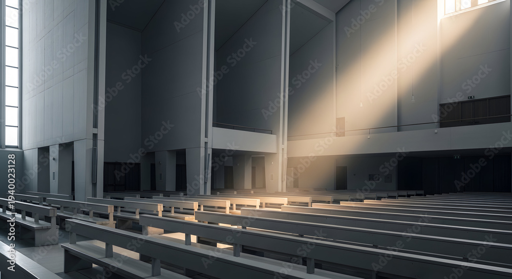 Fototapeta premium Modern Church Interior with Dramatic Sunlight Beams Illuminating Rows of Empty Pews Creating a Serene and Spiritual Atmosphere