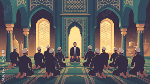 Group of people in traditional attire praying in a mosque with arches and intricate designs