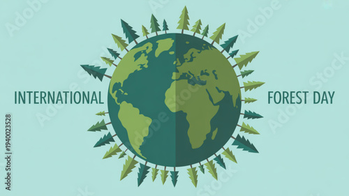 International forest day globe with green leaves on light blue background symbolizing environmental conservation and sustainability