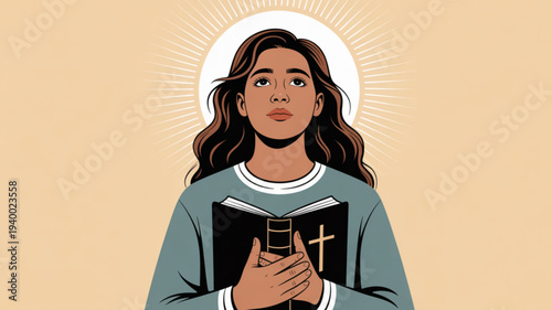 Woman holding a holy book with a cross and halo symbolizing faith and spirituality in a serene and peaceful atmosphere with warm lighting