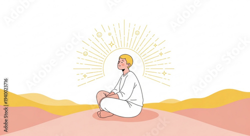 Serene man meditates cross legged outdoors in peaceful white robe at sunrise or sunset with warm sunlight