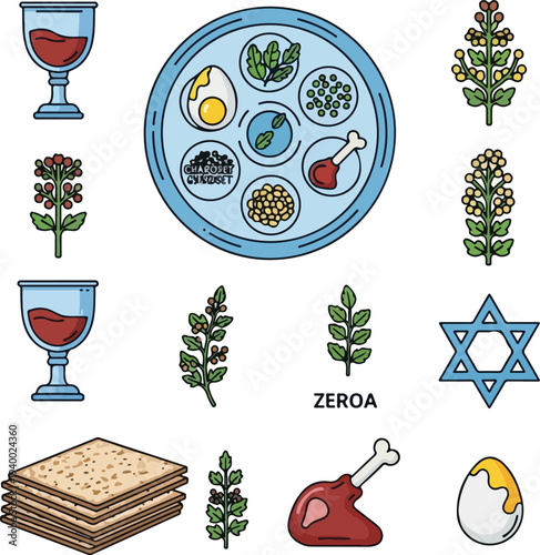 A collection of traditional Passover Seder items including a Seder plate, matzah, wine, shank bone, egg, and Star of David, illustrating Jewish holiday customs.