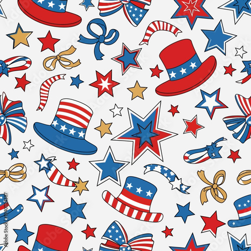 Vibrant Patriotic American Celebration Seamless Pattern Featuring Red White and Blue Stars, Uncle Sam Hats, and Ribbons, Ideal for National Holiday Backgrounds and Festive Designs