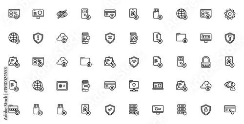 Data Protection icon set. Vector symbols for security, privacy, shield, cloud, database, lock, and cybersecurity. Editable stroke line icons.