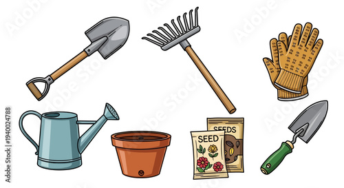 Gardening tools including shovel, rake, gloves, pot, and seeds