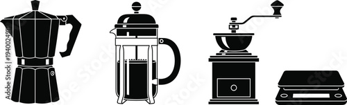 Minimalist vector icon set of essential coffee preparation equipment including a moka pot, french press, manual hand grinder, and a digital kitchen scale for baristas.