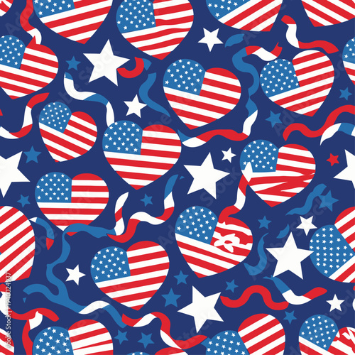 Seamless Pattern of American Flag Hearts and Stars on a Blue Background, Celebrating Patriotism