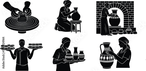 Collection of professional artisan pottery making silhouettes featuring women crafting traditional clay vases, molding ceramic pots, and serving handmade rustic tableware on white background.