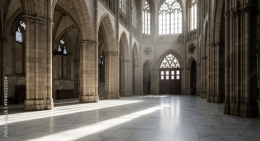 Fototapeta premium Grand Gothic Cathedral Interior with Sunlight Streaming Through Arched Windows Illuminating the Marble Floor