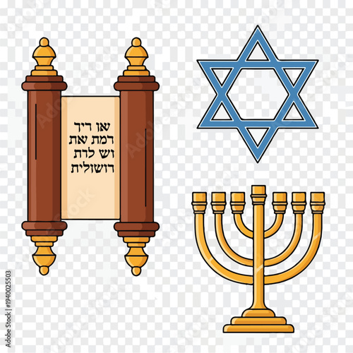 Jewish religious symbols vector illustration featuring Torah scroll, Star of David, and golden menorah.