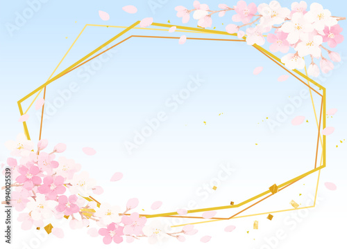 満開の桜と金色のフレーム素材　あしらい　ベクター