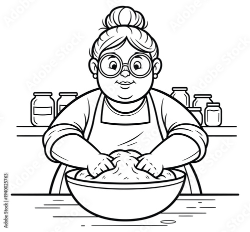 Smiling woman kneading dough in large bowl at home kitchen