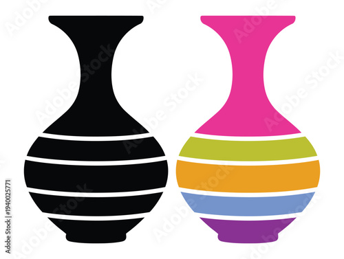 Vibrant colorful vase alongside sleek black vase on white background
