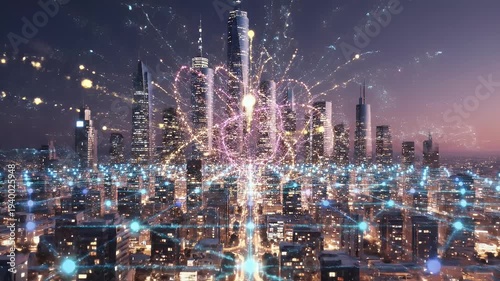 Wallpaper Mural Futuristic cityscape at dusk, illuminated by a network of glowing blue connections Torontodigital.ca