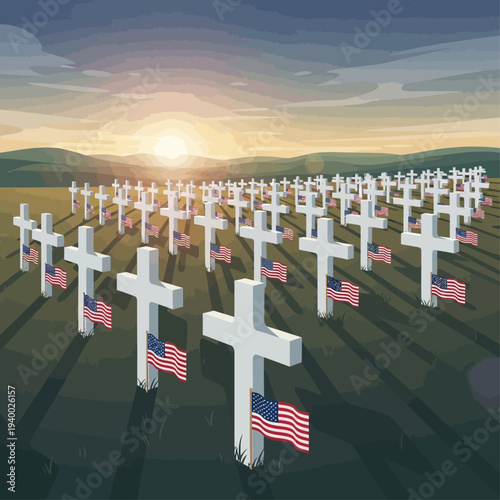 A serene sunset illuminates a field of white crosses adorned with American flags, a poignant memorial to fallen soldiers